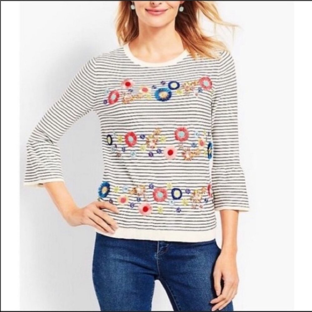 TALBOTS Embroidered Floral Striped Sweater NWOT LP